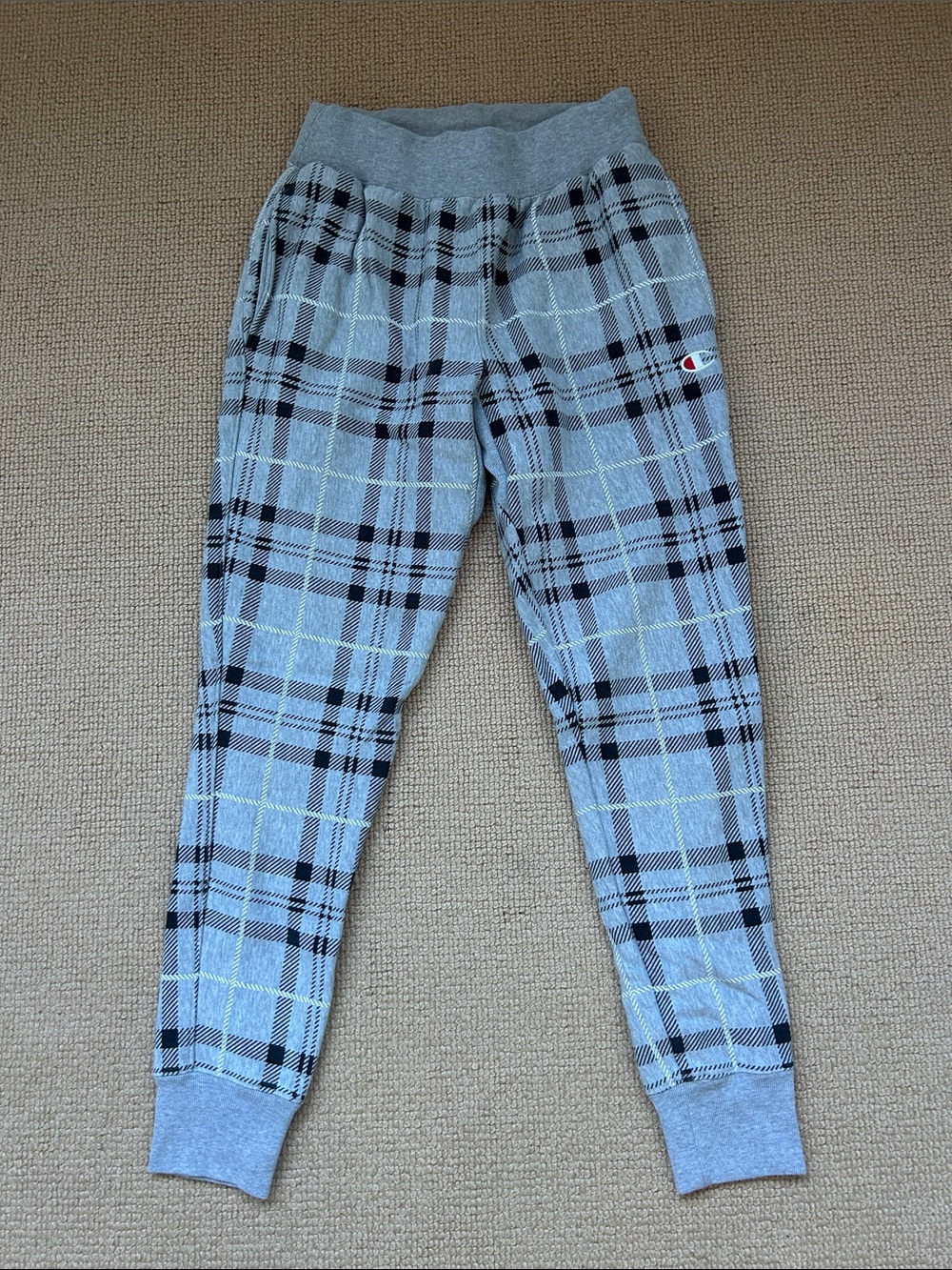 Champion Light Gray Plaid Joggers with Black Accents. Size M